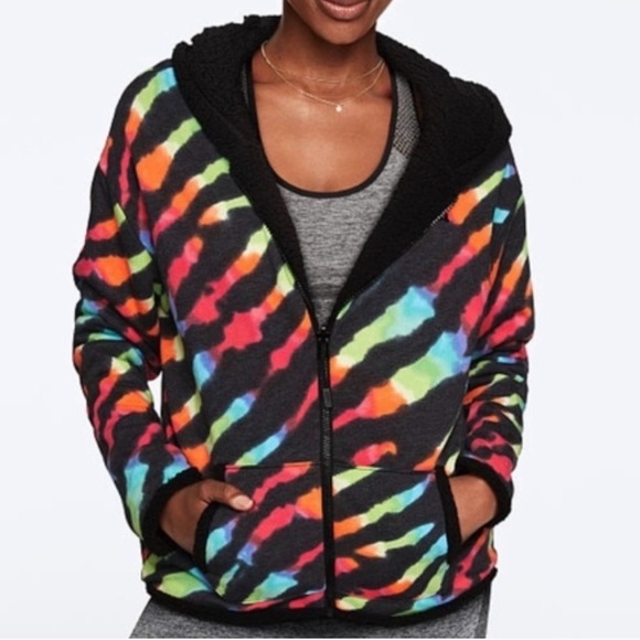 Like New VS Rainbow Black Reversible Sherpa Hoodie M - Picture 2 of 5